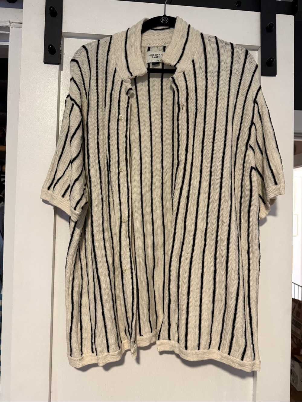 American Eagle Outfitters Cream and Black Striped Short-Sleeve Knit Shirt